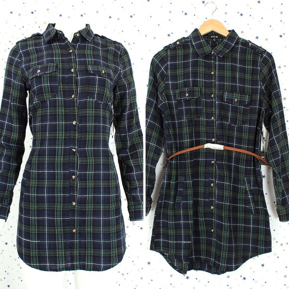 Plaid Button Up Shirt Dress with Belt Navy Green - Picture 1 of 10